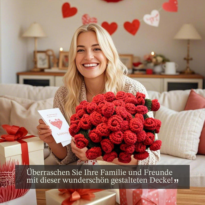 iyoimono Blumenstrauss Decke Fertige Rose Straussdecke Handgestrickte Häkeldecke Überwurfdecke Blume
