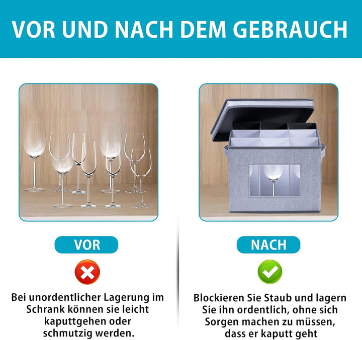VENO Aufbewahrungs- und Stielglas-Box mit Deckel und Griffen, Glaswaren, Porzellan-Organizer, ideal