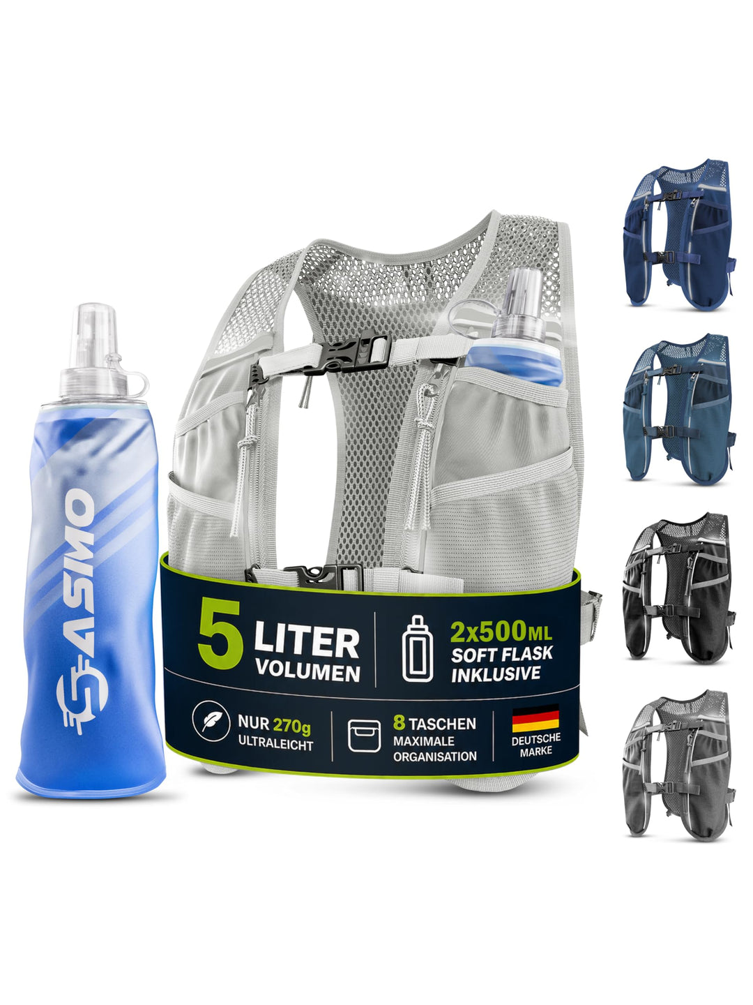 SASMO® Laufweste Damen & Herren 5L / 2L | Running Vest - Ultraleicht & atmungsaktiv| Laufrucksack Da
