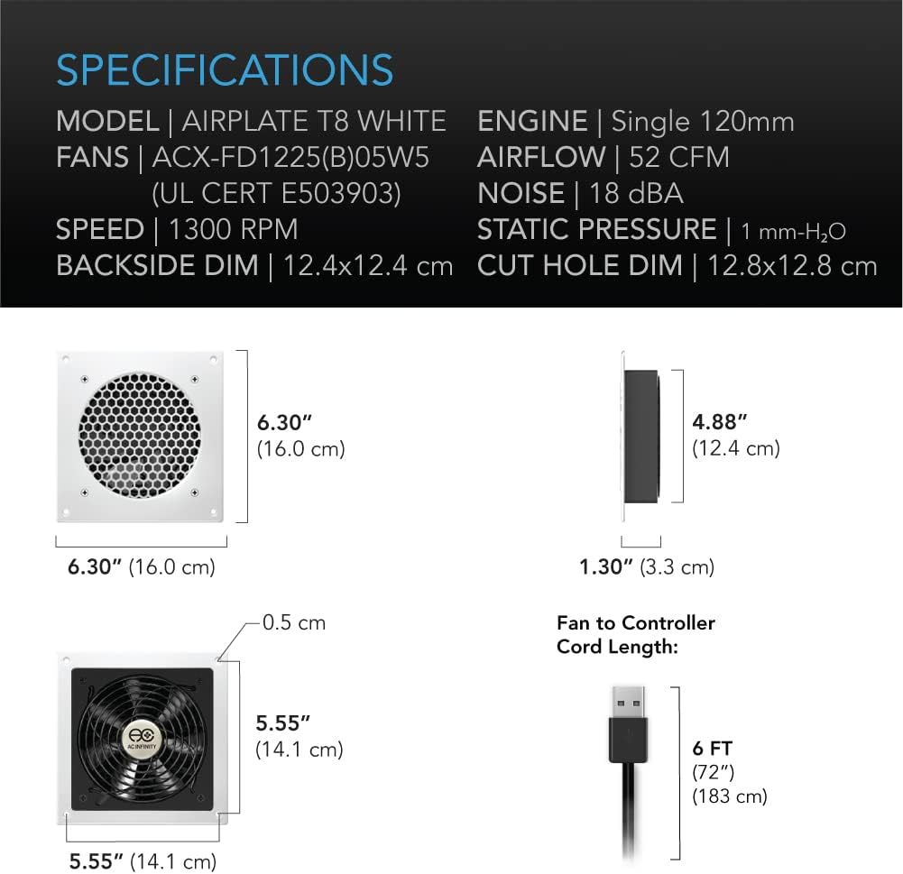 AC Infinity AIRPLATE T8 Weiss, Leise Kühlung Dual-Fan System 15,2 cm mit Thermostat Kontrolle, für H