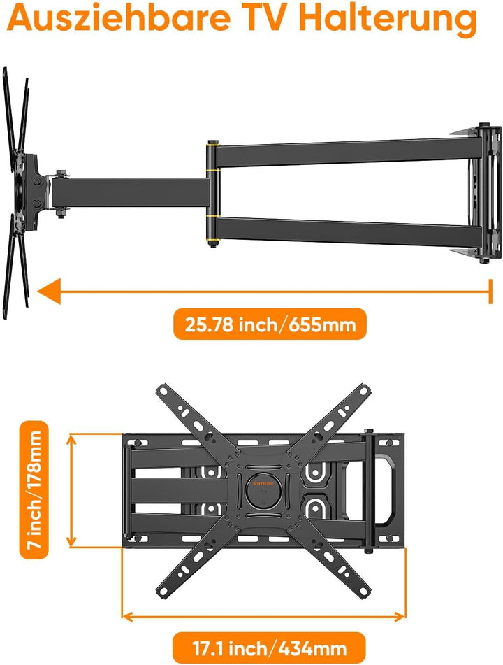 TV Wandhalterung mit 655mm Langem Arm für 13-50 Zoll Fernseher oder Monitor, 180° Drehung Fernsehhal