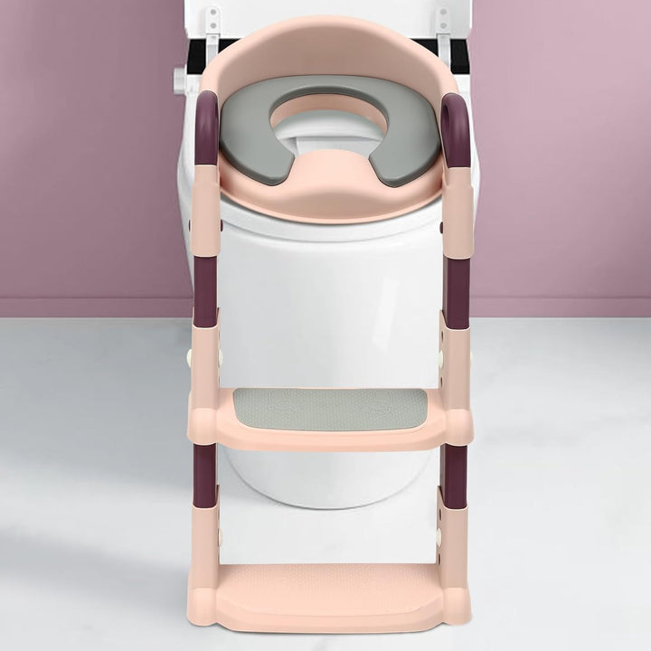 Toilettensitz Kinder mit Treppe, 2 in 1 Toilettenaufsatz Kinder mit PU-Sitzkissen, Verstellbar Toile