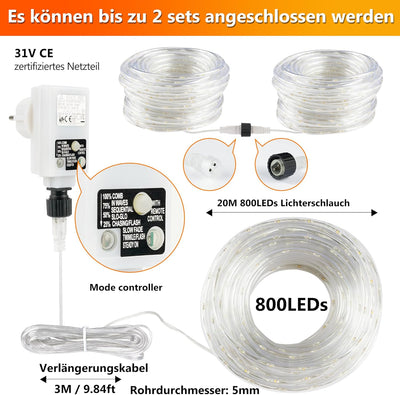 StarryEver 20m 800 LED Schlauch Lichterkette Aussen Anschliessbar, Warmweiss LED Lichterschlauch Str