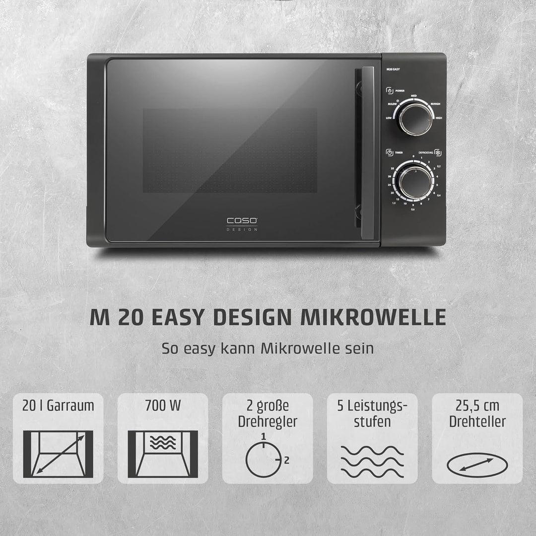 CASO | M20 EASY Mikrowelle | einfache Bedienung, 20 L Garraum, 700 Watt Leistung, Drehteller Ø 25,5c