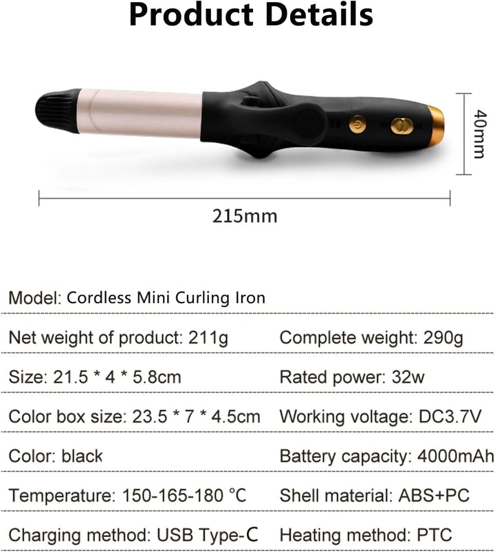 Mini Schnurloser Lockenstab, 25mm Curling Iron mit 3 Einstellbare Temperatur, USB aufladbar, tragbar