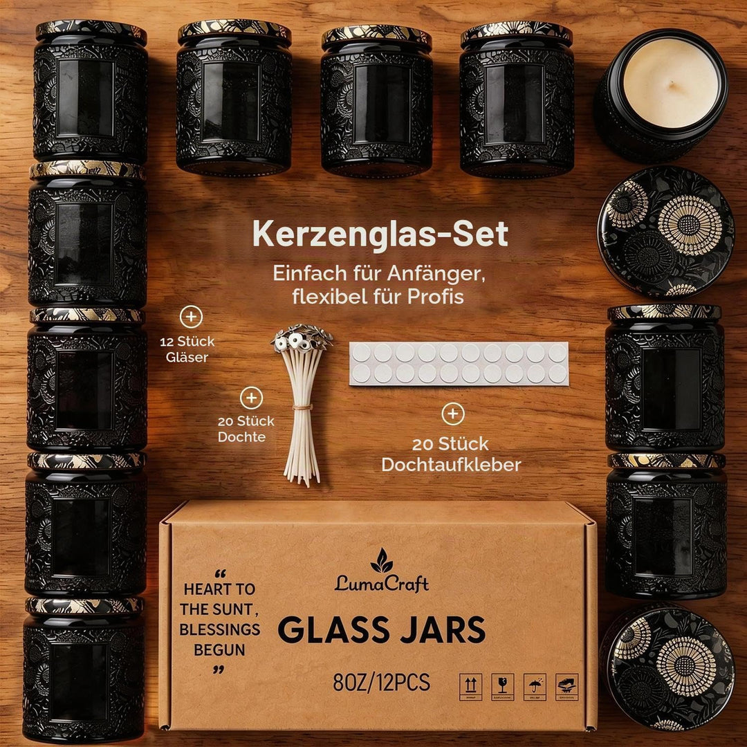 LumaCraft Candle Luxus Relief Kerzengläser zum Kerzen giessen- 12er Pack Leere Glasgefässe mit Luftd
