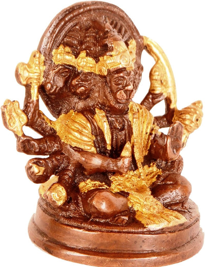 Purpledip Brass Idol Hanuman/Bajrangbali in Panchmukhi Avatar: Unique Copper Gold Finish for Home Te