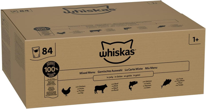 Whiskas Adult 1+ Katzennassfutter Gemischte Auswahl in Gelee, 84 Portionsbeutel, 84x85g (1 Grosspack
