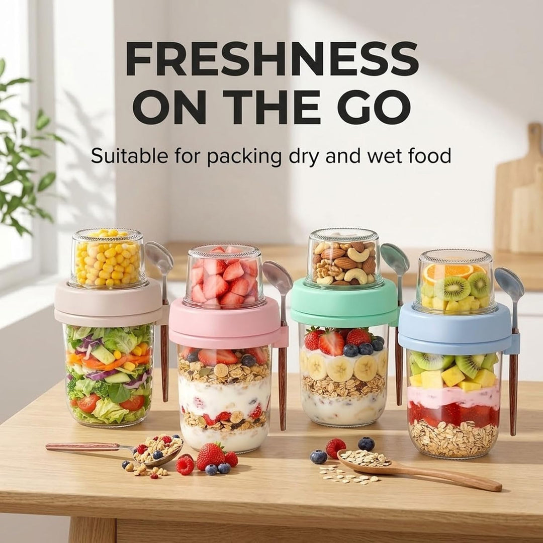 4er Set Overnight Oats Gläser mit Deckel & Löffel – 16oz Müslibecher & 4oz Snack-Box, Doppelkammer J