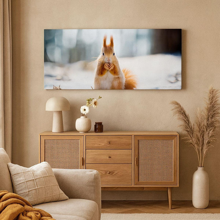 Wandbilder Dekoration Wohnzimmer Eichhörnchen Winter Schnee Essen Panorama Bilder auf Leinwand 120x5
