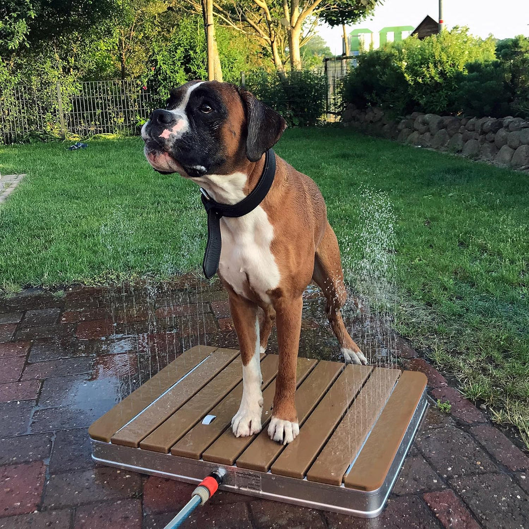 @tec Bodendusche Set aus Gartendusche und Wasserschlauch 15m, Campingdusche aus massivem Teakholz zu