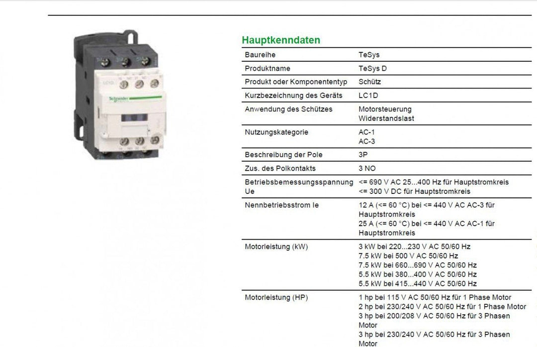 Schneider Electric LC1D12BL Leistungsschütz 1St. 12A/40ms TeSys Schütz LC1DB, 12A/40ms TeSys Schütz