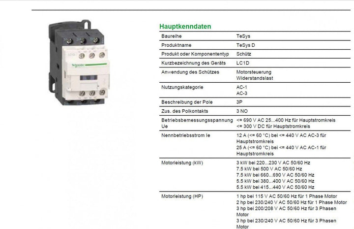 Schneider Electric LC1D12BL Leistungsschütz 1St. 12A/40ms TeSys Schütz LC1DB, 12A/40ms TeSys Schütz