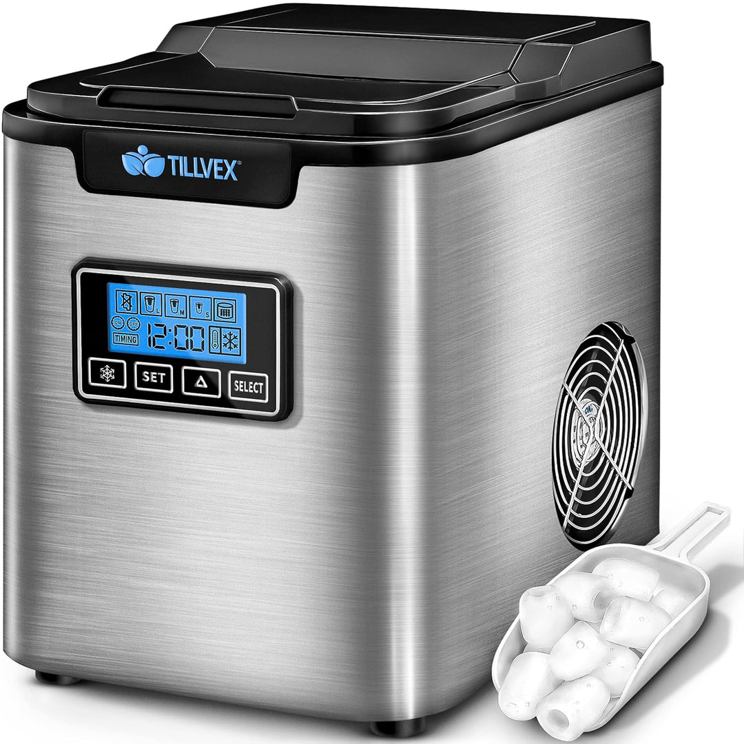 tillvex Eiswürfelmaschine Edelstahl 12 kg - 24 h | Eiswürfelbereiter mit Timer und 2,2 Liter Wassert