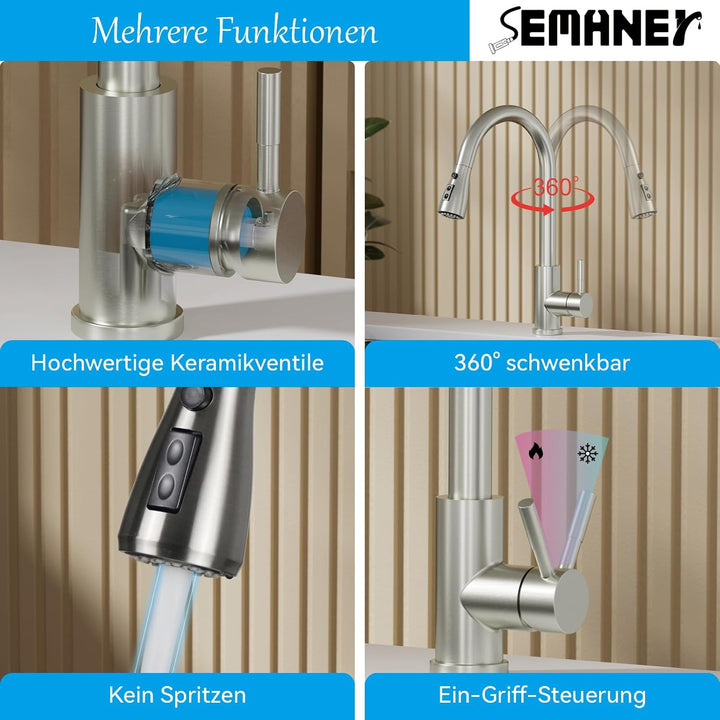 Wasserhahn Küche, SEMANEY Hochdruck Küchenarmatur mit 3 Funktionen Brause Ausziehbar, Hohe Bogen Arm