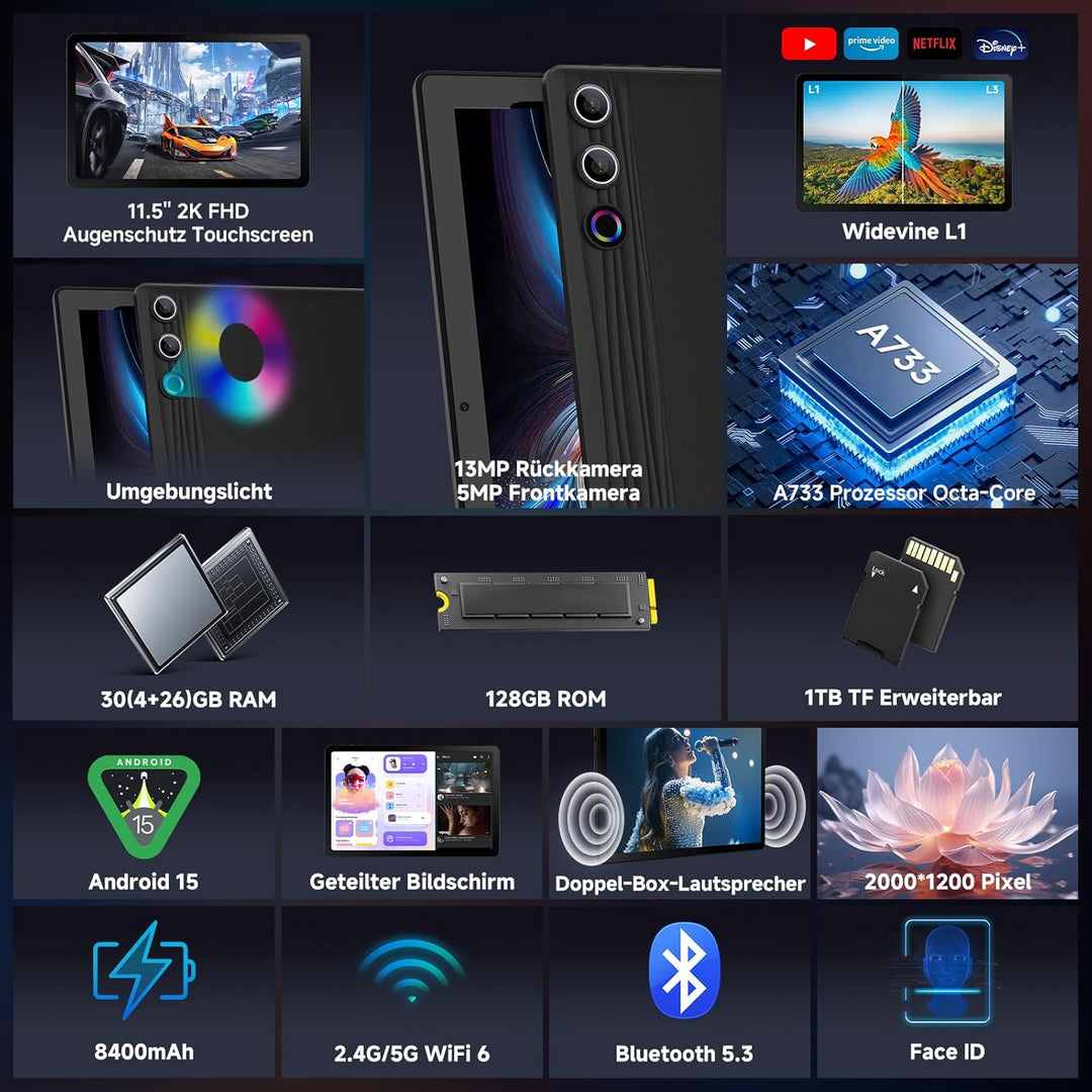 Tablet 11,5 Zoll Android 15, 30GB RAM 1TB TF, 2K Android Tablet 2000 * 1200 FHD, 8400mAh, Widevine L