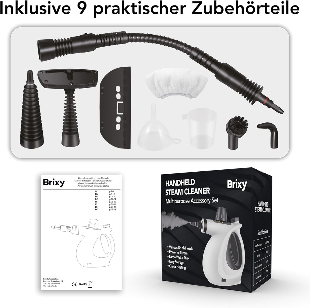 Brixy Dampfreiniger - Handdampfreiniger - Fleckenreiniger - Boden, Badezimmer, Küche - Teppichreinig