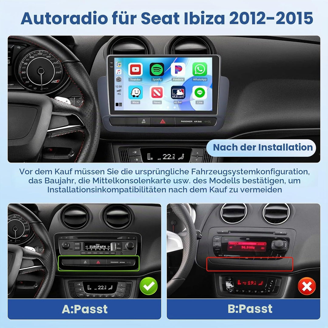 [4G+64G] Inefala Android 15 Autoradio für Seat Ibiza 2012-2015 mit Wireless Carplay Android, 9 Zoll