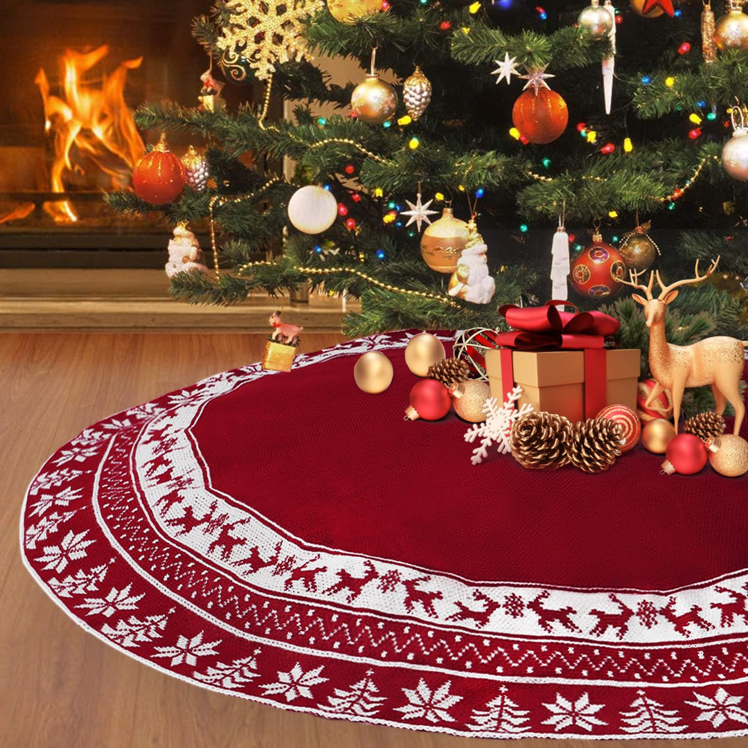 Weldomcor Weihnachtsbaum Rock 90cm Gestrickte Weihnachtsbaumdecke Pad Runde Elch Schneeflocken Gross
