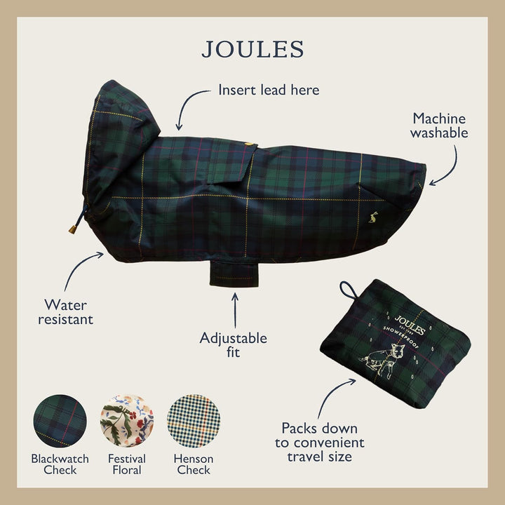 Rosewood x Joules Blackwatch Check Packaway Hundejacke, Grösse M, leicht, wasserabweisend, mit Kapuz