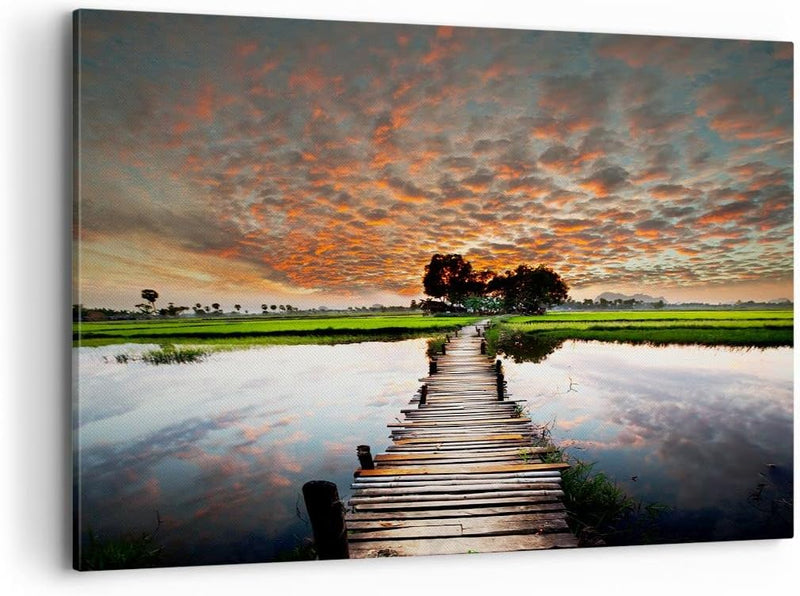 ARTTOR Bilder auf Leinwand 100x70cm Leinwandbild Asien brücke see natur Gross Wanddeko Bild Schlafzi