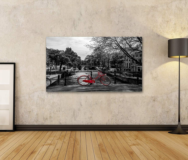 islandburner Bild auf Leinwand Rotes Fahrrad Brücke Schwarz Weiss Bilder Wandbilder Poster Leinwand