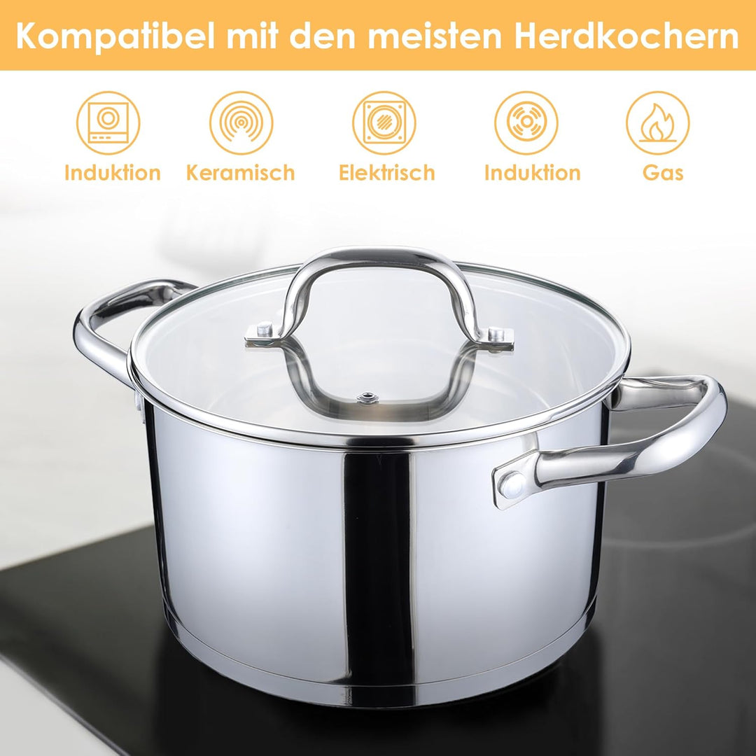 Herogo Kochtopf 26 cm, 6,7 L Edelstahl Suppentopf Induktion Topf mit Glasdeckel, Nudeltopf Fleischto