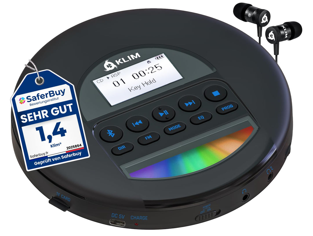 KLIM Nomad CD Player Bluetooth - Tragbarer CD-Player Discman mit langlebigem Akku - Inklusive Kopfhö