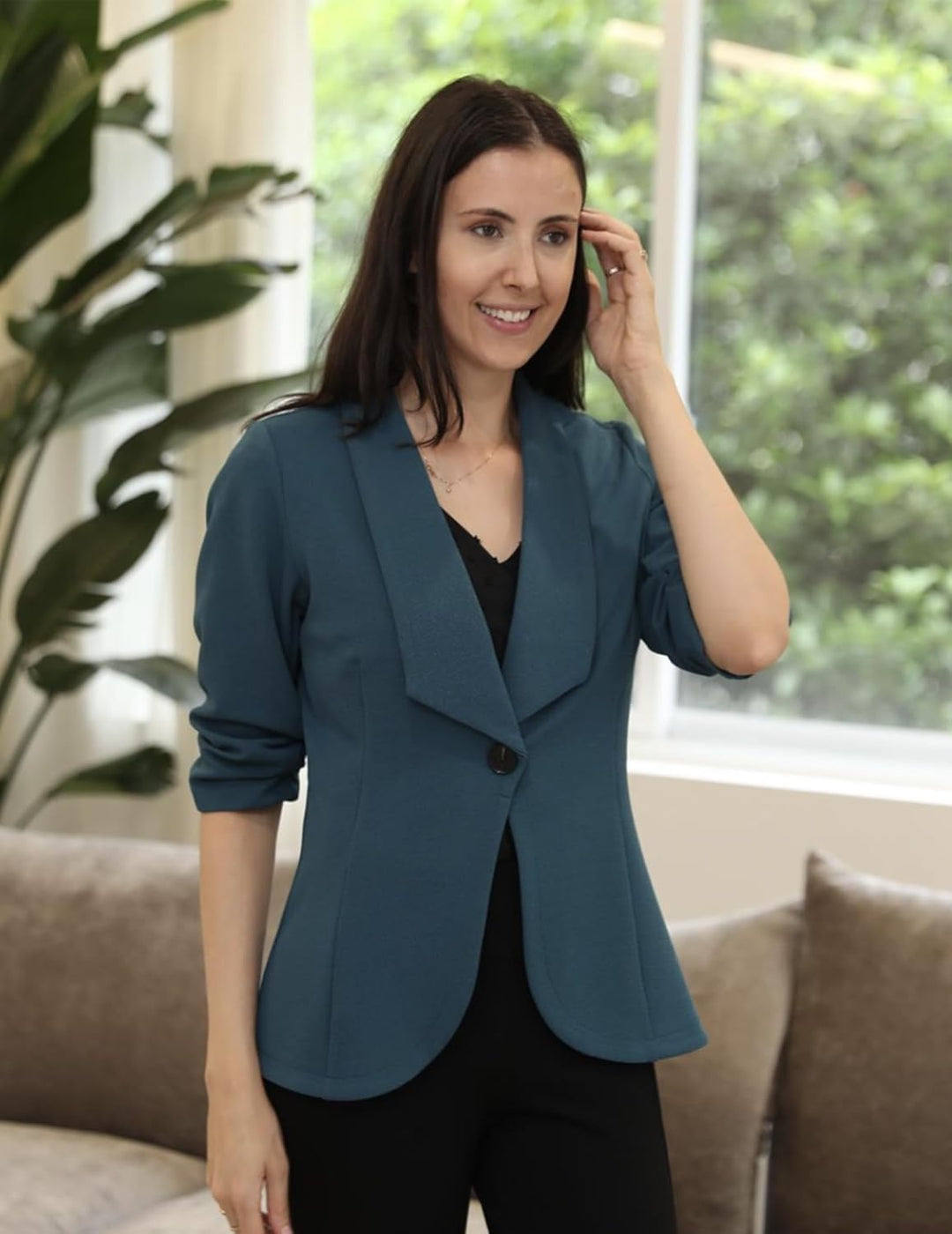 Zeagoo Damen Blazer Elegant 3/4 Arm Business Longblazer Slim Fit Revers Blazer Sakko Casual Arbeit B