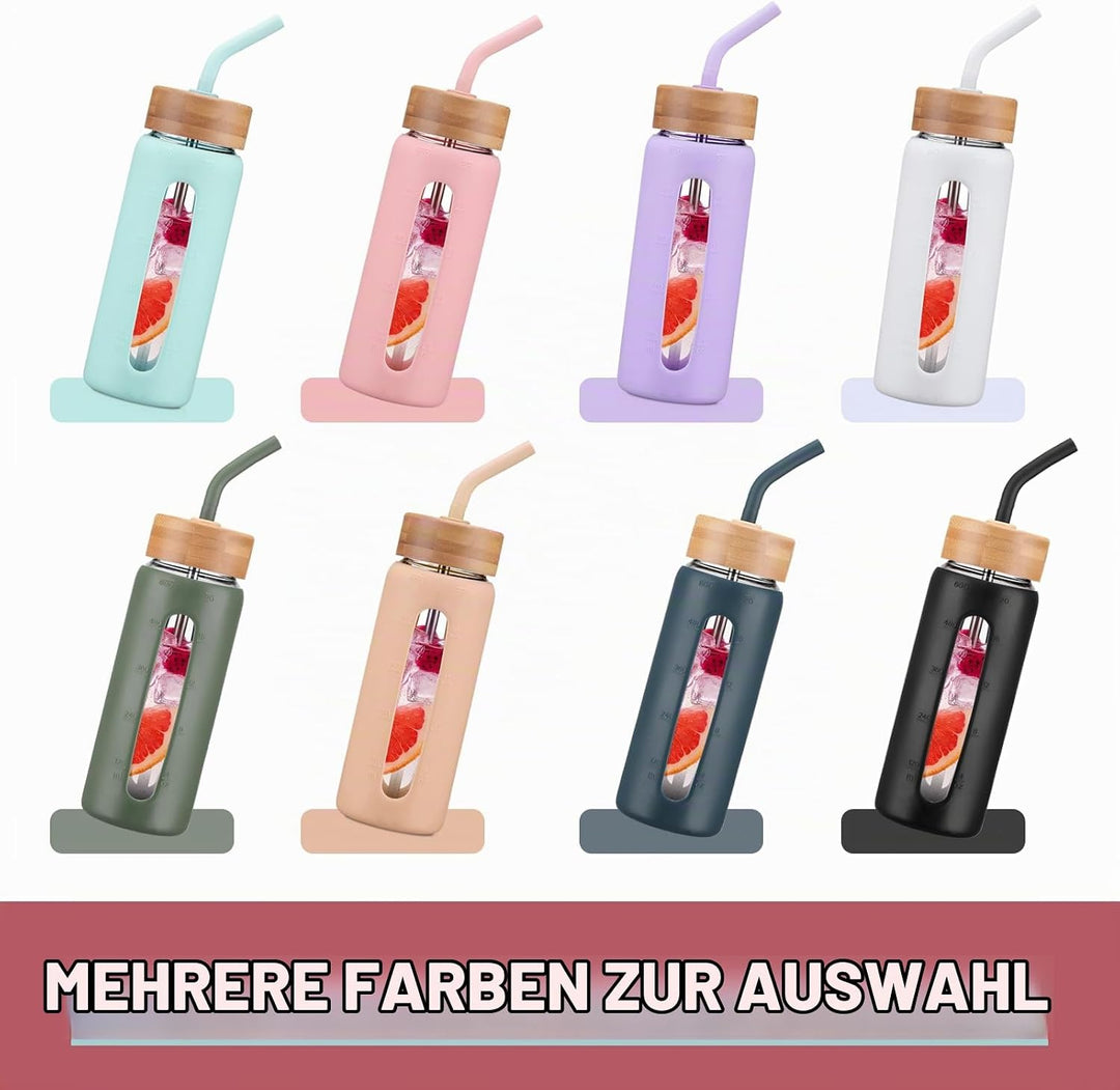 BLUEGO 600ml Glaswasserflasche mit Strohhalm und 2 Deckeln Kaffeetasse aus Glas mit Zeitmarkierung u