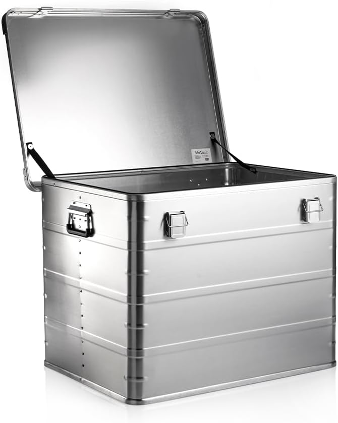AluVault 240L – Alubox mit Deckel, Aluminium Aufbewahrungsbox, Alukiste, Spritzwassergeschützt, Stau