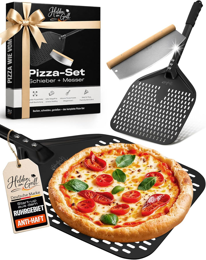 Pizzaschieber Set mit Pizzaschneider - grosser perforierter Pizzaschieber mit Antihaft-Beschichtung