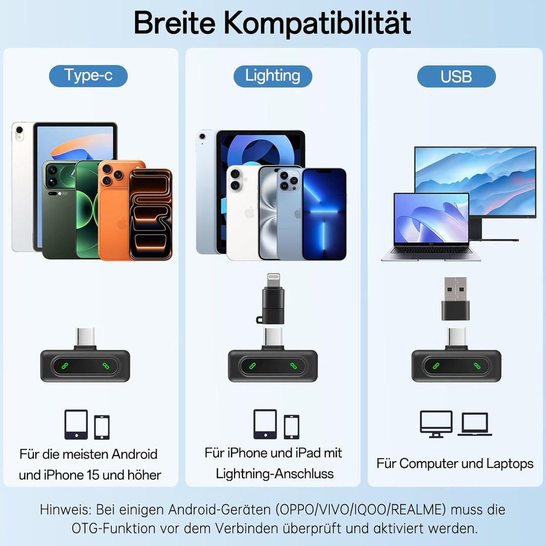 Upgrade Mini Mikrofon Handy mit Batterie-Display, Kabelloses Lavalier Ansteckmikrofon Klein Mic Wire