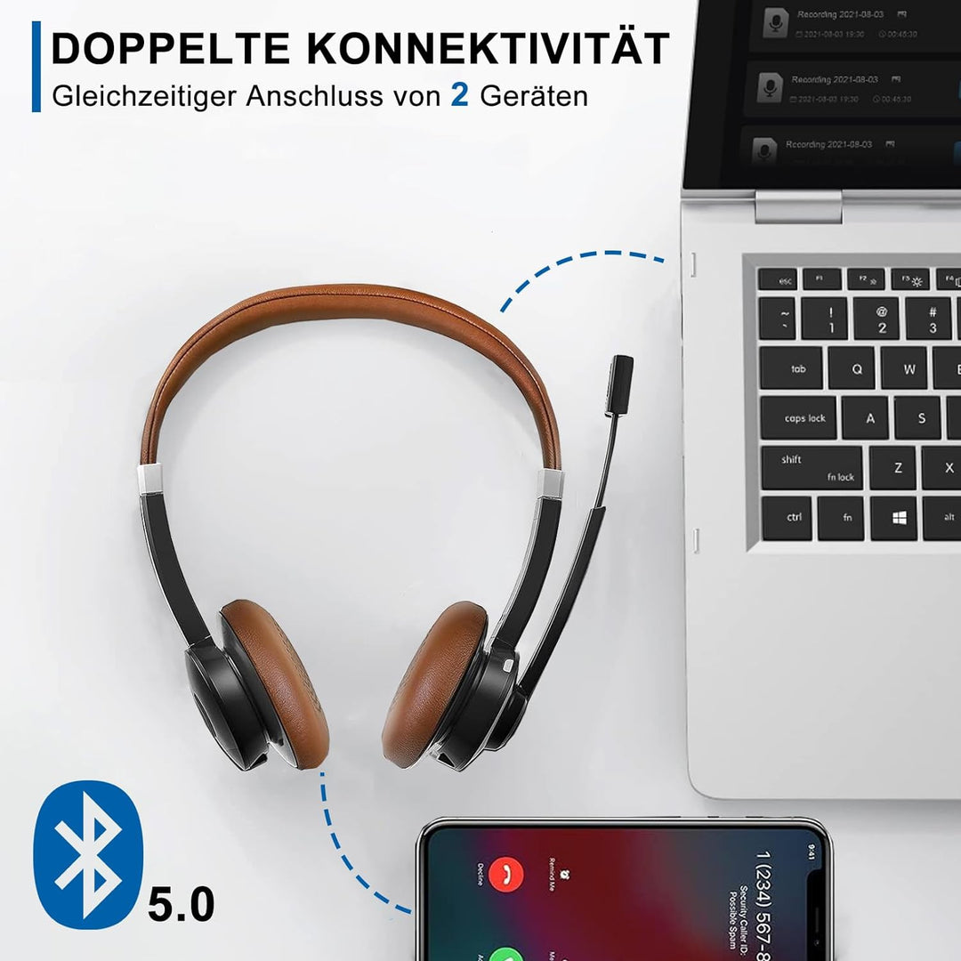 Conambo Bluetooth Headset mit Mikrofon,Kabelloses Headset mit Mikrofon mit HD Stereo Sound & 25 Stun