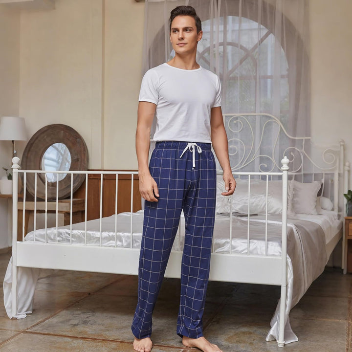 Vulcanodon Pyjamahose Herren lang Schlafanzughose kariert Schlafhose leicht Pyjama Hose mit Taschen