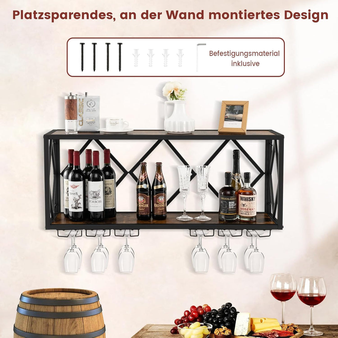 COSTWAY Weinregal Wand, 2 Ebenen Flaschenregal Holz mit Metallrahmen, mit 6 Reihen Weingläserhalter,