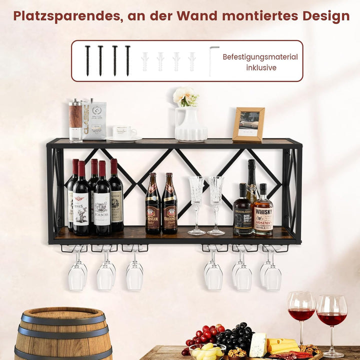 COSTWAY Weinregal Wand, 2 Ebenen Flaschenregal Holz mit Metallrahmen, mit 6 Reihen Weingläserhalter,