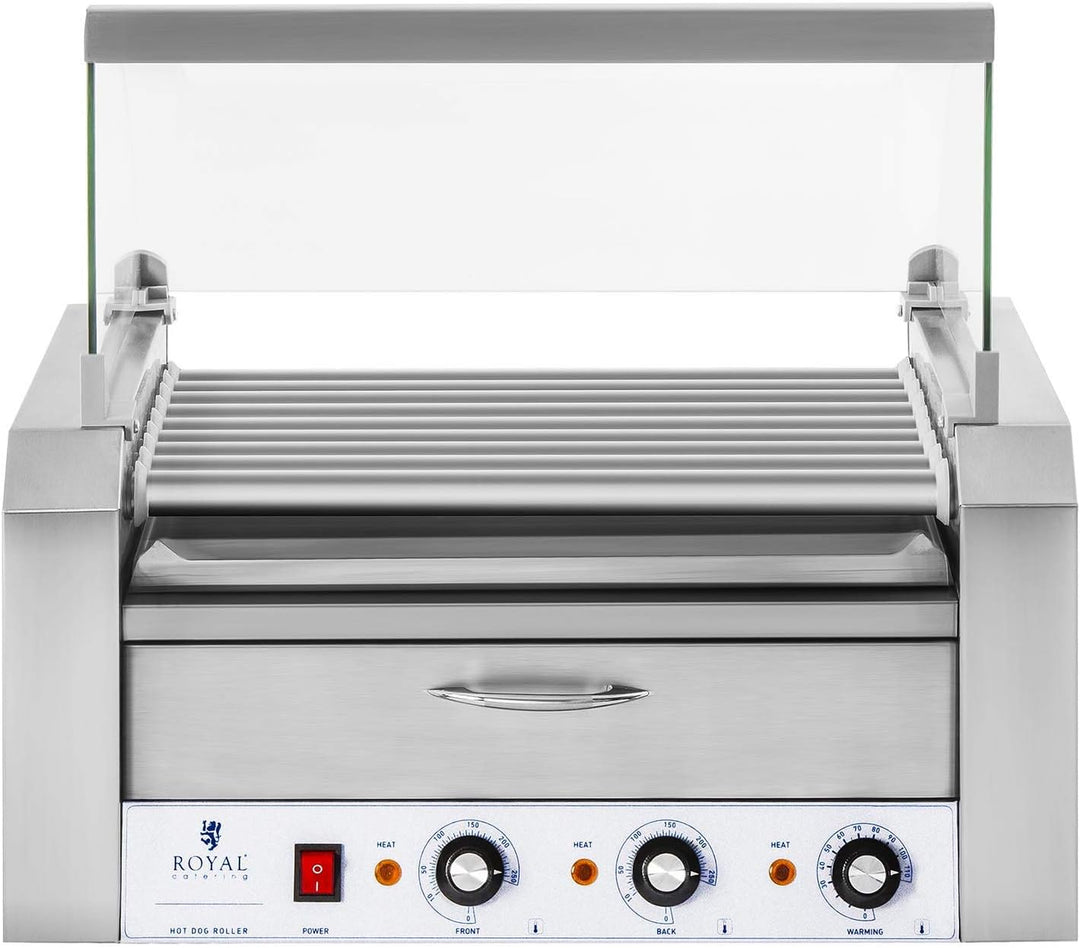 Royal Catering - Hot Dog Grill Hot Dog Maschine (9 Rollen, Edelstahl, 2.200 W, 2 Heizzonen, herausne