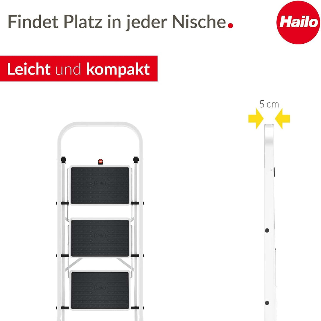 Hailo HobbyStep Stahl-Klapptritt-Leiter - 3 breite Stahl-Stufen mit Anti-Rutsch-Matten belastbar bis