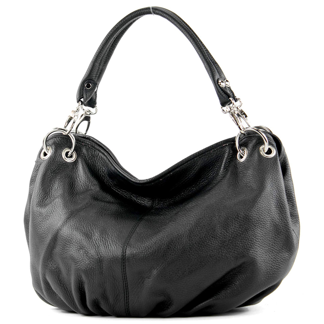 modamoda de - IT40 - ital. Damen Schultertasche aus Leder Schwarz Leder, Schwarz Leder