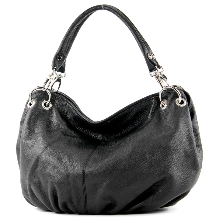modamoda de - IT40 - ital. Damen Schultertasche aus Leder Schwarz Leder, Schwarz Leder