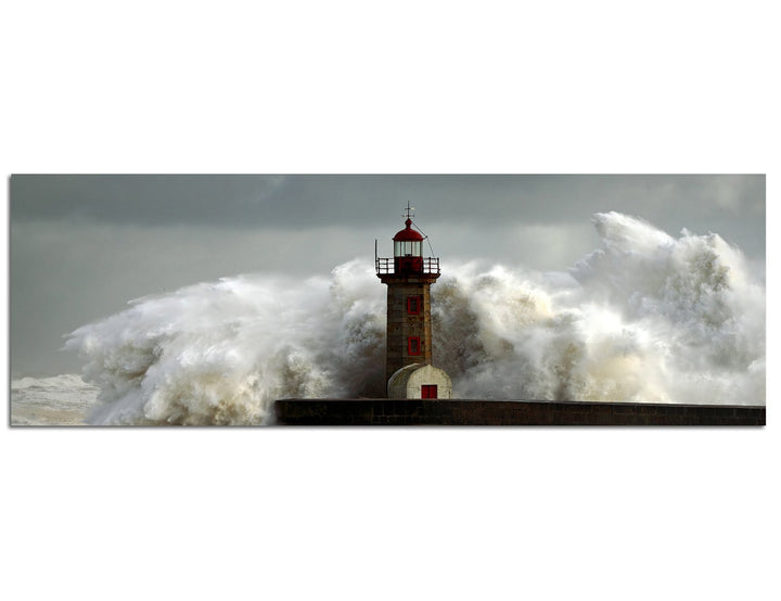 Paul Sinus Art Panoramabild auf Leinwand und Keilrahmen 150x50cm Meer Sturm Welle Leuchtturm