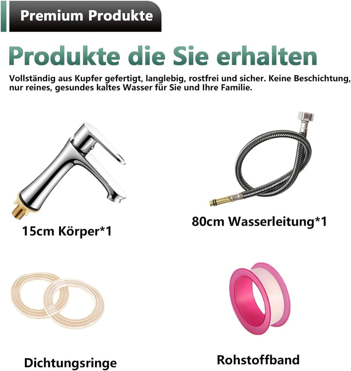 Kaltwasserhahn Edelstahl Kaltwasserarmatur mit 80cm Anschlussschlauch, Wasserhahn Kaltwasser Bad Was