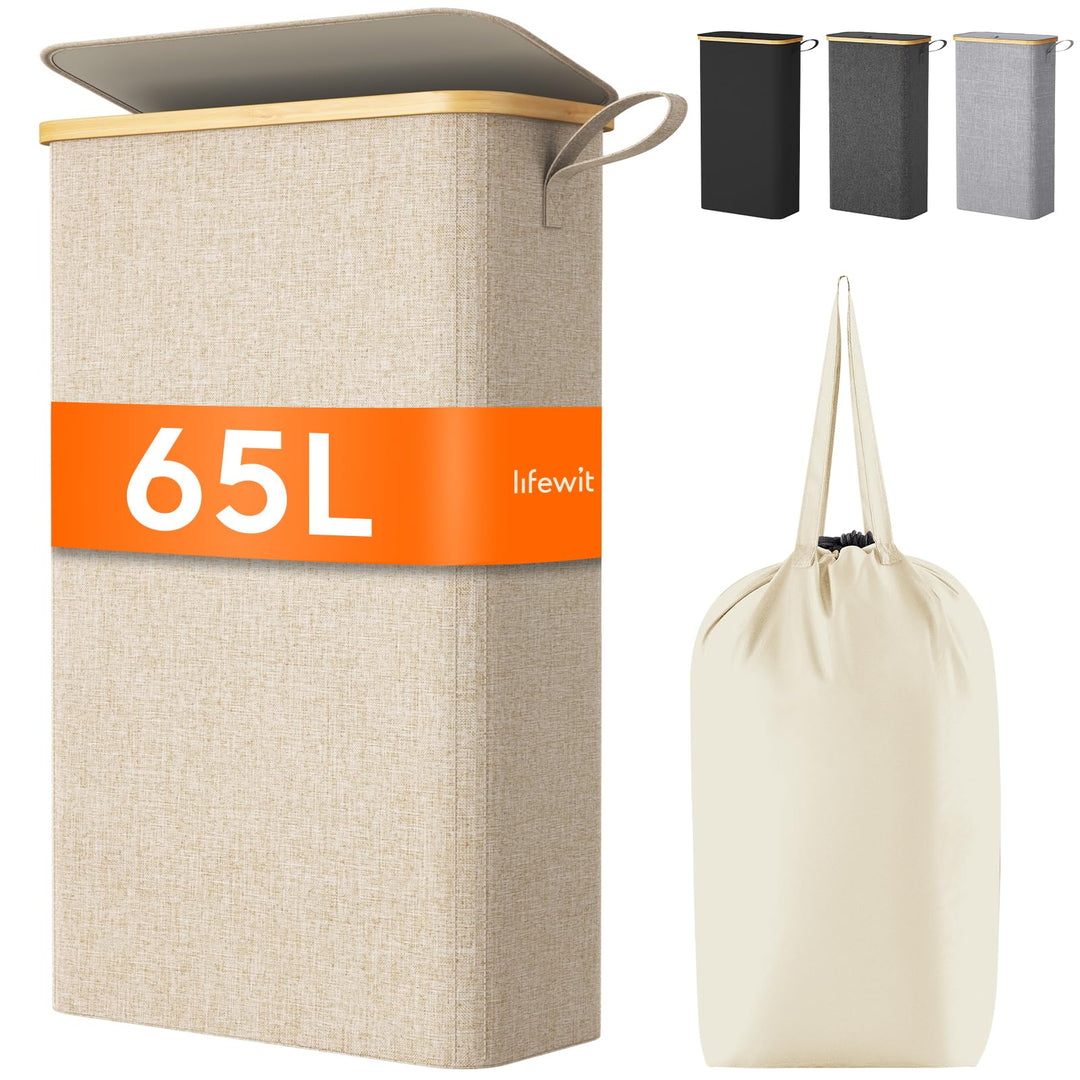 Lifewit 65L Wäschekorb Schmal mit Deckel, Faltbarer Wäschesammler Schmal mit Wäschesack, Laundry Bas