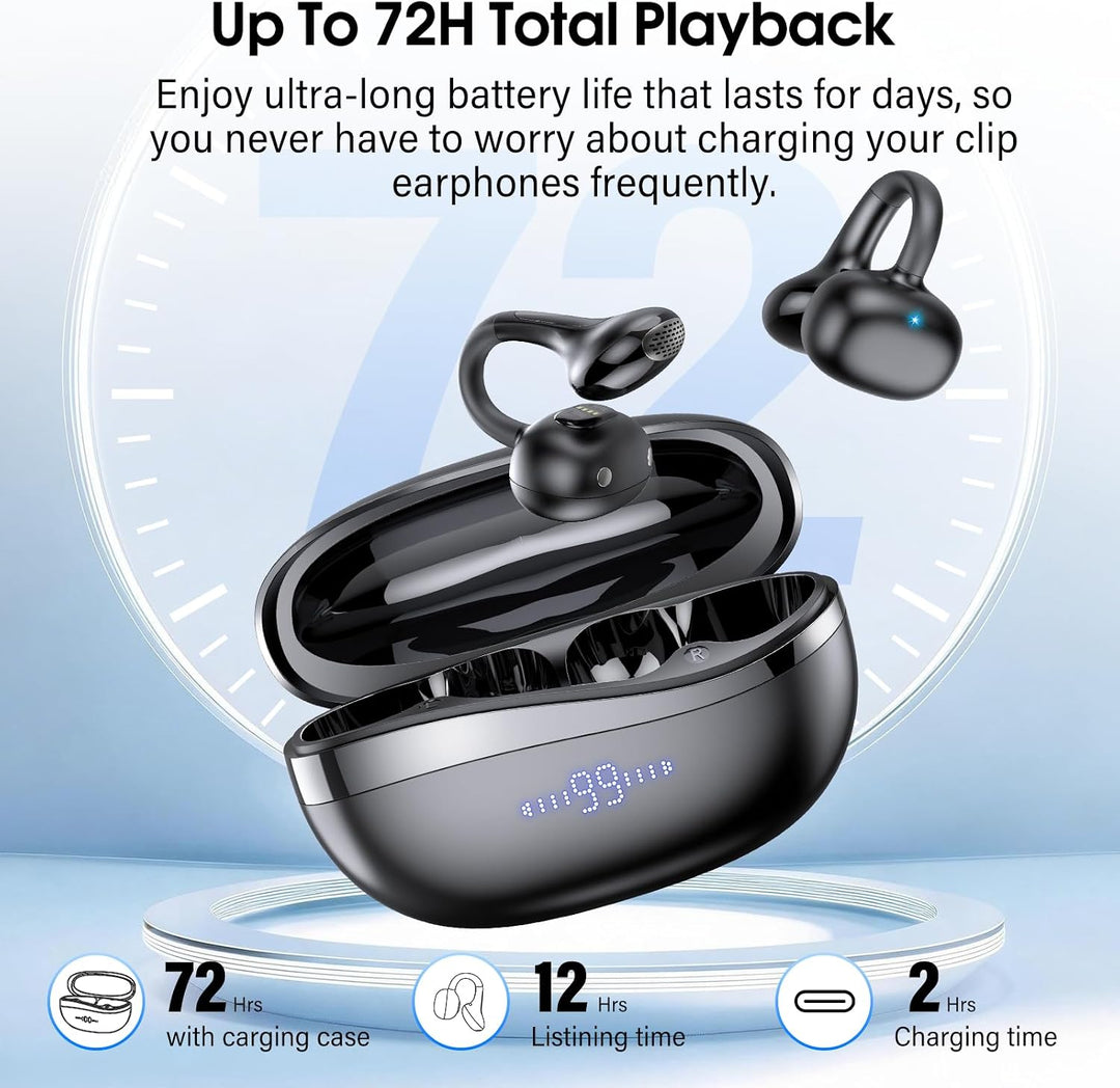 Clip-On-Ear-Kopfhörer mit Herzfrequenzüberwachung für Sport, wasserdicht und schweissfest, Schwarz