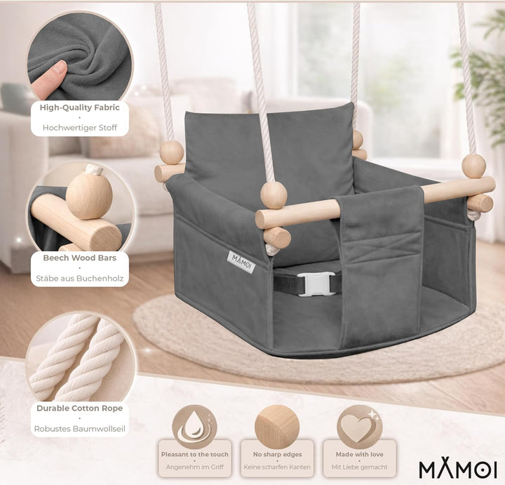 MAMOI® Babyschaukel Kinderschaukel Holz + SICHERHEITSGURT, Schaukel für Kinder Garten Indoor Outdoor