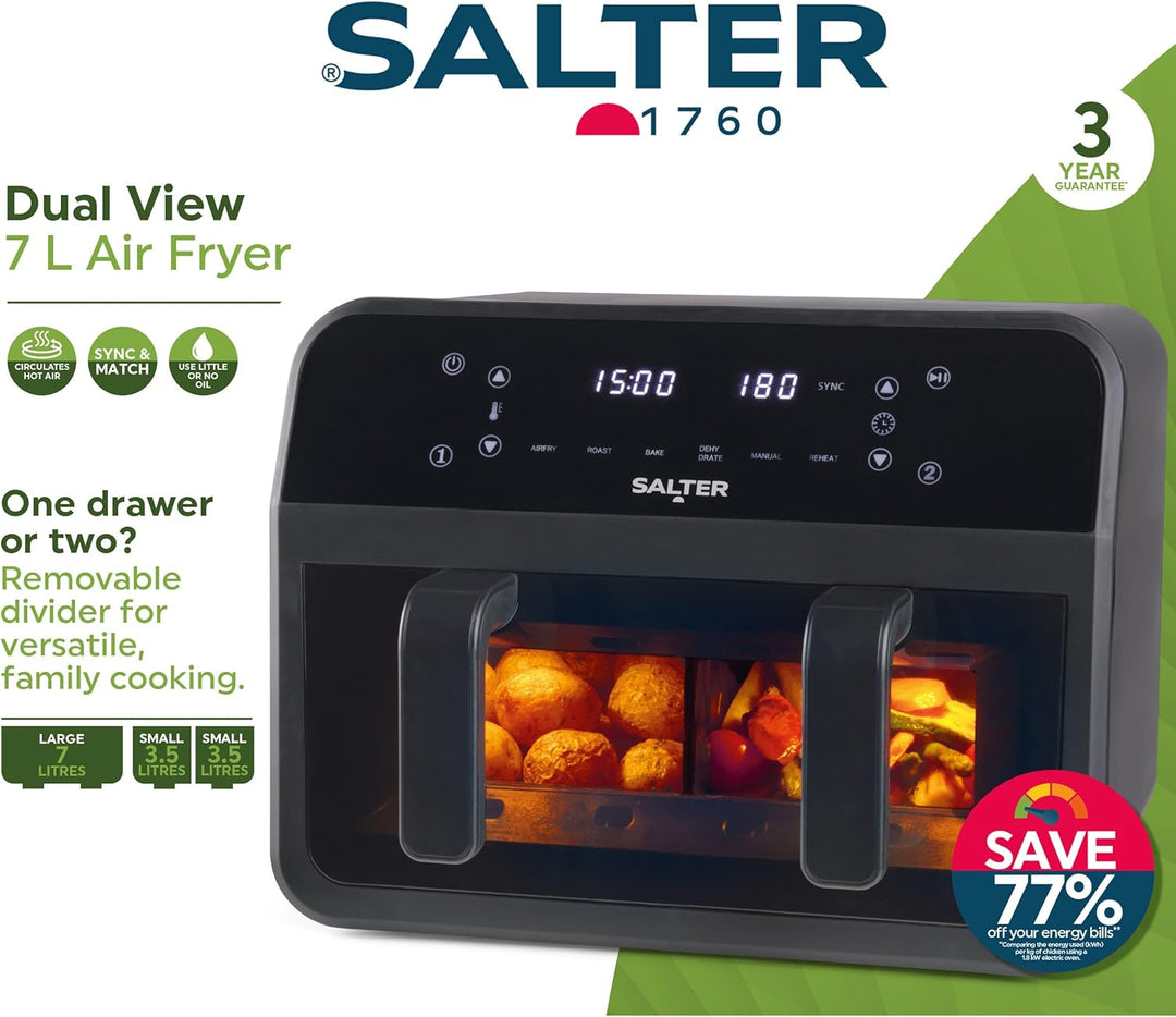 Salter Dual View Heissluftfritteuse – 7 l Antihaft-Kochschale mit abnehmbarer Trennwand, grosse Fami