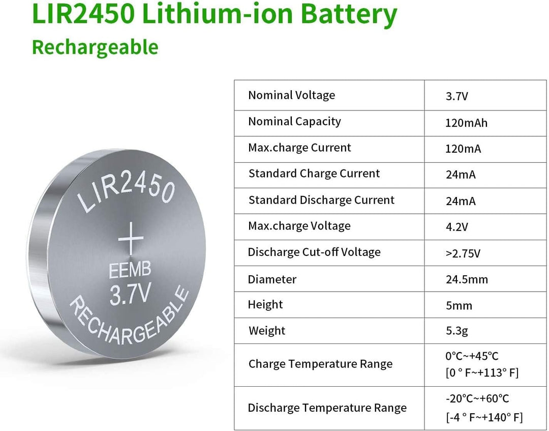 LIR2450 Akku 2450 Lithium-Ionen-Akku-Ladegerät mit 3,7 V 120 mAh Lithium-Ionen-Knopfzellenbatterie (