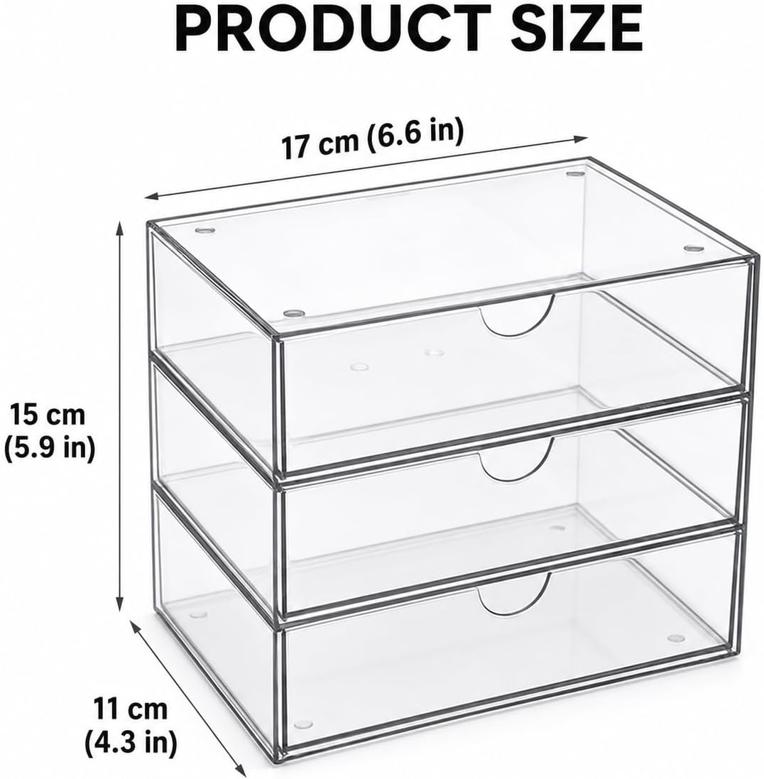 Schubladen Organizer Transparent, 3 Fächer Aufbewahrungsbox Stapelbar, Acryl Optik Schreibtisch Orga