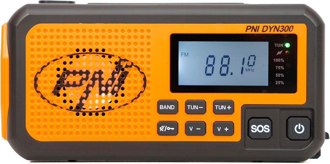 Tragbares Radio PNI DYN300, mit Dynamo, Solarladung, Taschenlampe, Powerbank 4000 mAh, SOS, IPX3, Or